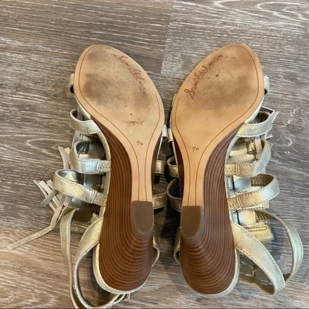 Sam Edelman Gold Fringe Strappy Wedge Sandals